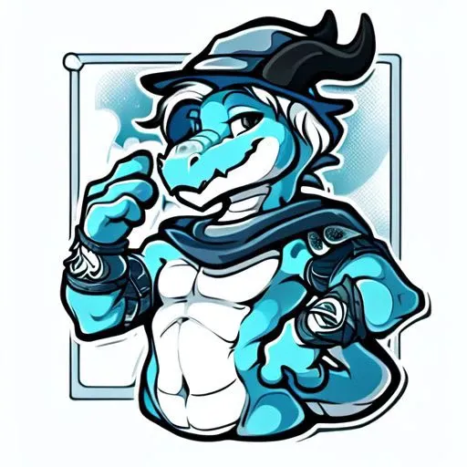 by nowandlater, male, solo, (anthro, dragon, sky blue skin, one skin color, lithe, white hair, black horns, wearing mage outfit,) OverallDetail, sticker, monochrome, color, simple background, solid outline, waist up,