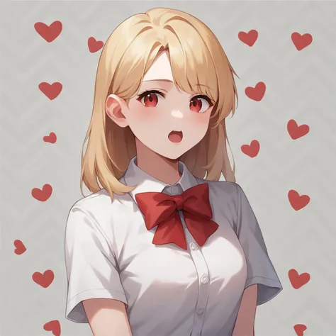 score_9, score_8_up, score_7_up, source_anime, <lora:Art style R245_pxl:1>art style r245, 1girl, blonde hair, open mouth, white shirt, looking at viewer, red bow, pattern background, border