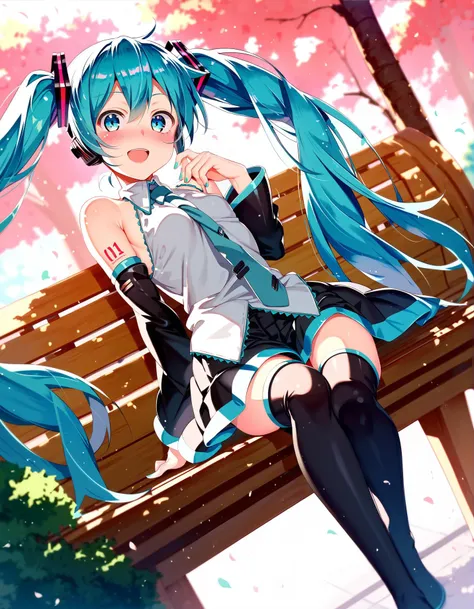 anime girl with blue hair sitting on a bench in the park