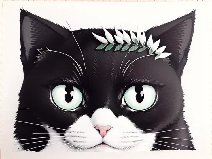 a black cat with a white muzzle, black and white kitten, (best quality:1.5), (closeup), kitten head, green eyes, 2d art, art, ink draw, wide brush strokes, contrast, low colors, masterpiece, art by Kaethe Butcher <lora:cat:0.6>, simple white background