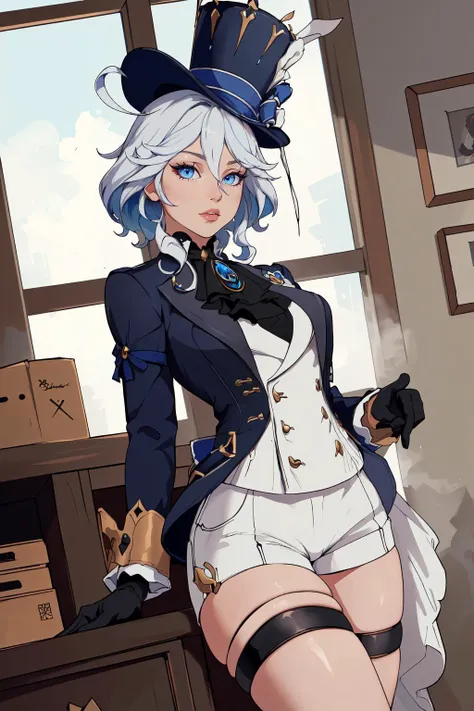 (masterpiece,best quality,absurdres,beautiful,sharp,detailed),cinematic angle,1girl,furinadef, ahoge, blue headwear, top hat, jacket, ascot, brooch, long sleeves, black gloves, white gloves, white shorts, thigh strap  <lora:genshinimpact_furina:0.8>