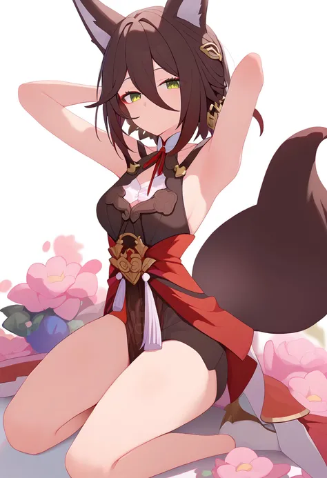 score_9,tingyun (honkai star rail),1girl,solo,fox girl,looking at viewer,fox tail,bare shoulders,ponytailkneeling, arms behind head, seiza,solo,looking at viewer,flower,full body,simple background,white background,score_9,<lora:pony_char_tingyun_(honkai_st...