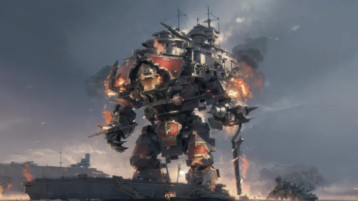 a close up of a giant robot with a bunch of fire