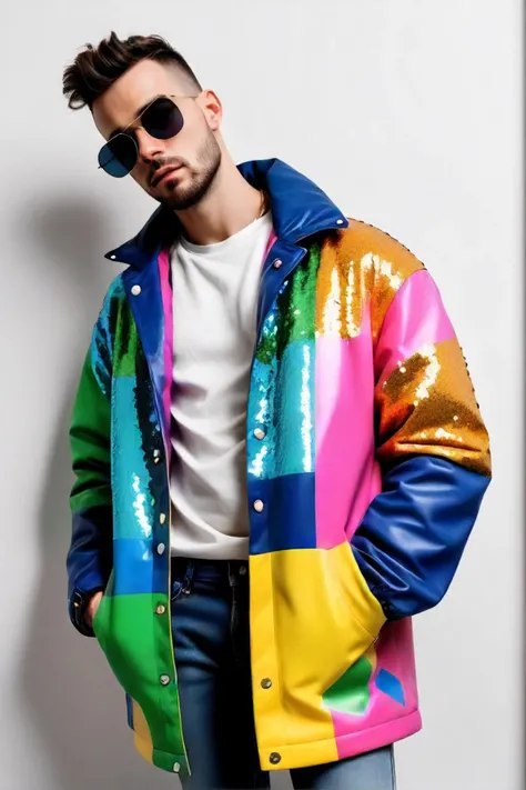 a man wearing a colorful jacket and jeans standing in front of a white wall, digital art by jan wijnants, pexels, pop art, stylish coat for a rave, sequins, coat for a rave