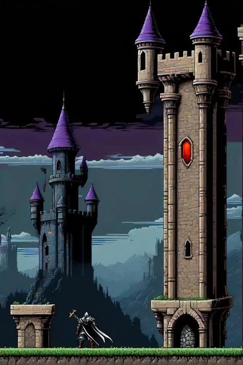 a close up of a video game with a tower in the background, side scrolling 2 d platformer, beautiful detailed pixel art, 2 d digital video game art, castlevania inspired, dark souls art style, 2d side scrolling game, side scroller, snes screenshot, 2d game ...