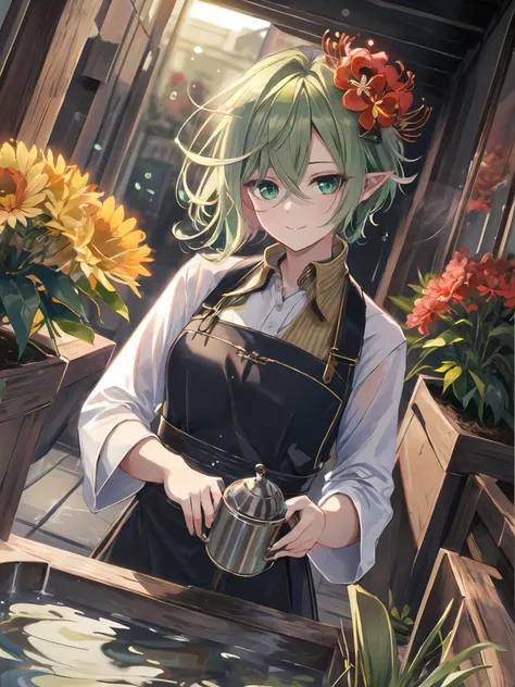 masterpiece,best quality,highres,cinematic lighting,dramatic angle,1girl,green hair,green eyes,hair flower,pointy ears,<lora:ShadowverseMagachiyoV3-000017:0.8:lbw=mgcy>,depth of field,necklace,looking at viewer,turning head,smile,gardener suit,work clothes...