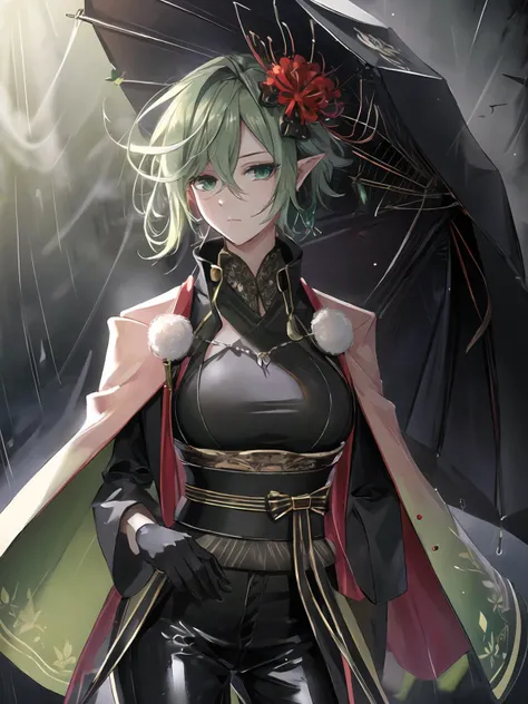 masterpiece,best quality,highres,cinematic lighting,dramatic angle,1girl,green hair,green eyes,hair flower,pointy ears,<lora:ShadowverseMagachiyoV3-000017:0.8:lbw=mgcy>,black suit,black pants,sash,capelet,holding umbrella,profile,depth of field,necklace,ex...