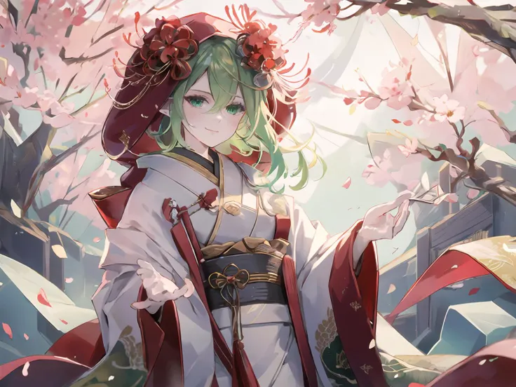 masterpiece,best quality,highres,cinematic lighting,dramatic angle,1girl,green hair,green eyes,hair flower,pointy ears,<lora:ShadowverseMagachiyoV3-000017:0.8:lbw=1,0.2,0.2,0.2,0.2,0.5,0.2,0.2,0.2,1,1,1,1,1,1,1,1>,(white kimono,japanese clothes,shiromuku,h...