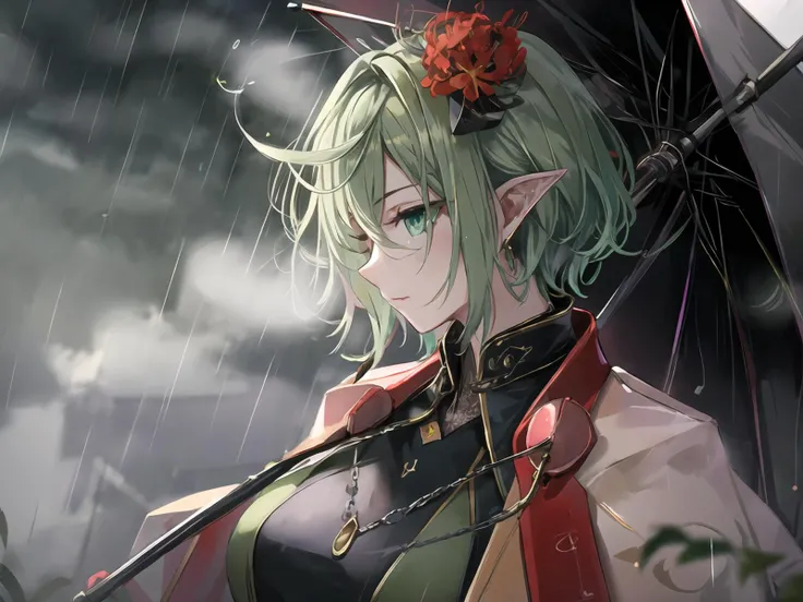 masterpiece,best quality,highres,cinematic lighting,dramatic angle,1girl,green hair,green eyes,hair flower,pointy ears,<lora:ShadowverseMagachiyoV3-000017:0.8:lbw=mgcy>,black suit,black pants,sash,capelet,holding umbrella,profile,depth of field,necklace,ex...