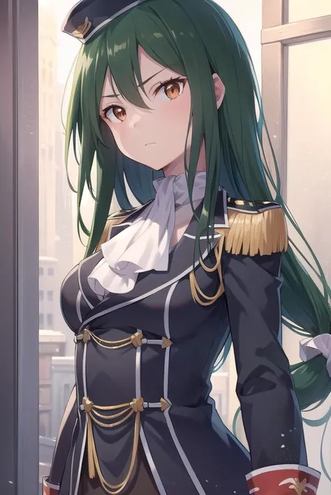 cruschkarsten, <lyco:cruschkarsten-lyco-nochekaiser:1>,
crusch karsten, long hair, hair between eyes, green hair, (brown eyes:1.4),
BREAK gloves, long sleeves, hat, jacket, boots, frills, white gloves, black footwear, uniform, military, ascot, military uni...