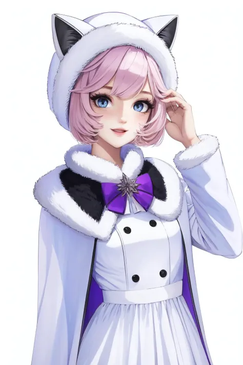 (masterpiece, best quality),  intricate details,
1girl,   <lora:nyatasha_nyanners:0.8> nyatasha nyanners, virtual youtuber, animal ears, cat ears, dress, hat, pink hair, smile, purple eyes, fur trim, looking at viewer, cat girl, capelet, bangs, solo, anima...