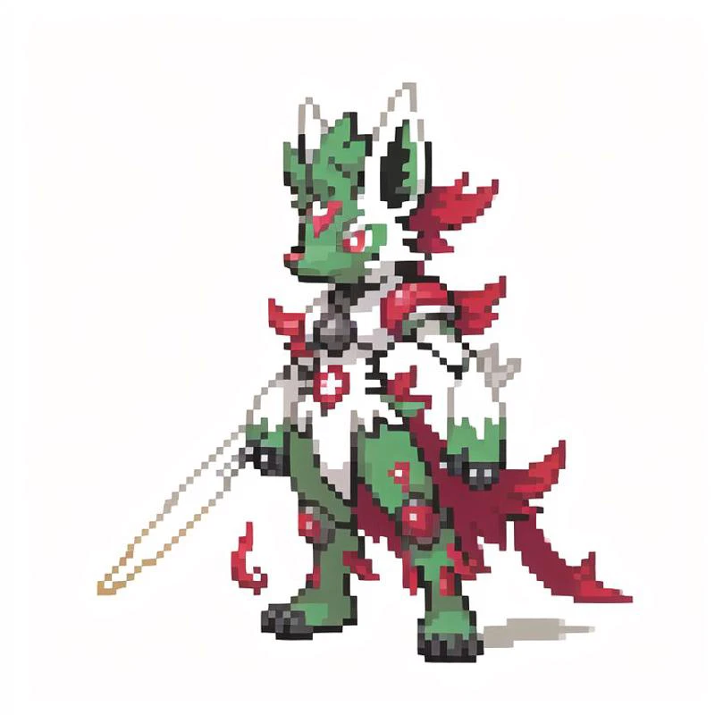 pixel art of a dragon with a sword and a red bow