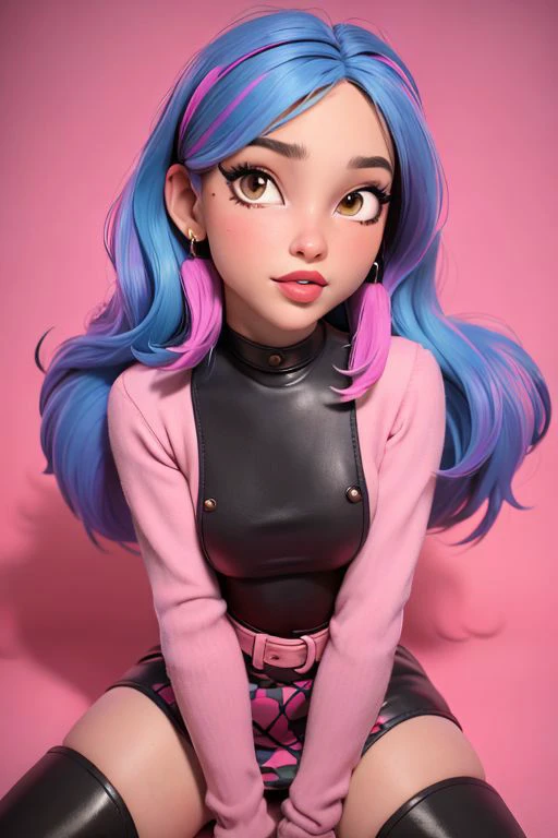 a close up of a person with blue hair and a pink shirt