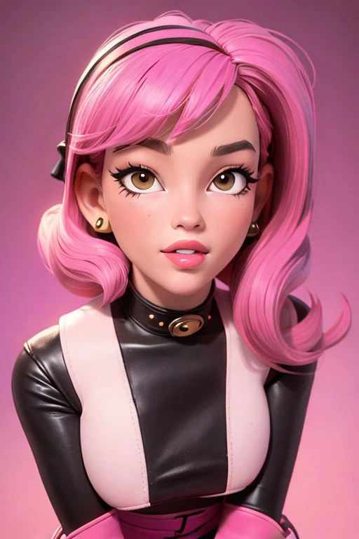 a close up of a woman with pink hair wearing a black and white outfit