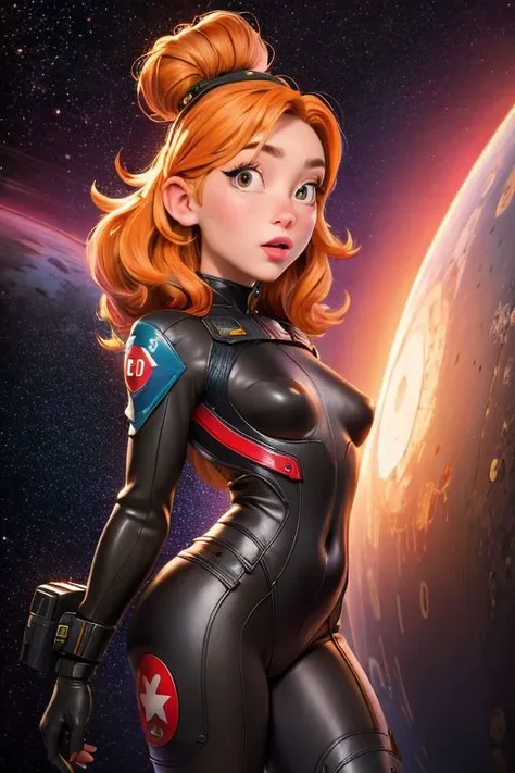 a woman in a black suit standing in front of a planet