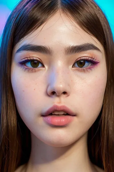 a close up of a woman with long hair and a pink eyeliner