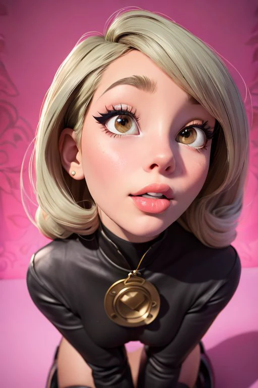 a cartoon girl with blonde hair and black leather outfit