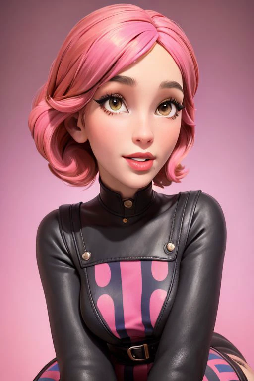 a close up of a woman in a black and pink outfit