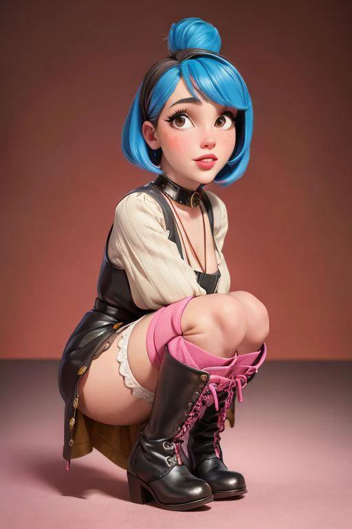 a woman with blue hair and black boots sitting on a pink surface