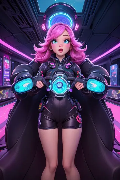 a woman in a futuristic outfit holding a controller