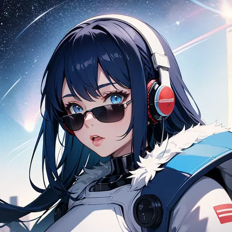 1girl, long hair, ((blue hair)), blue eyes, space, galaxy, comet, (illustration:1.1), (perfect details:1.1), landscape, background, abstract, latex, sexy, blue sunglasses, headphones, blue and black and white outfit, (extremely detailed)