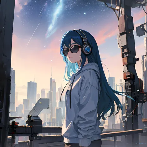 1girl, long hair, ((blue hair)), blue eyes, space, galaxy, comet, (illustration:1.1), (perfect details:1.1), landscape, background, abstract, sexy, (blue sunglasses), headphones, blue and black and white outfit, (extremely detailed), hoodie, cyberpunk