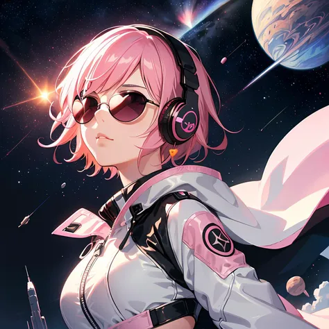 anime girl with headphones and sunglasses standing in front of a planet