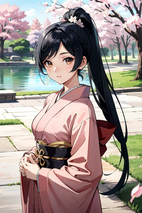 ((ultra detailed, masterpiece, absurdres))
 <lora:DOAMomiji:0.9>
DOAMomiji, 1girl, ponytail, long hair, in a traditional kimono, surrounded by cherry blossoms