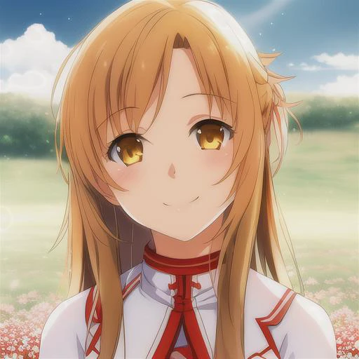 asuna, asuna_(sao), 1girl, portrait, flowery field, original, realistic, beautiful scenery,  smiling,  [clouds], [closeup] <lora:asunaLora_asuna:0.6>