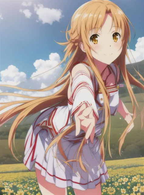 asuna, asuna_(sao), 1girl, portrait, flowery field, original, realistic, beautiful scenery,  smiling, action pose, [clouds], closeup <lora:asunaLora_asuna:0.6>