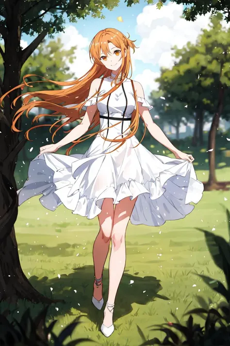 1girl, solo, full body,  <lora:asuna:0.8>, asuna, asuna (sao), orange_eyes, white cocktail dress, white_heels,
looking_at_viewer, head tilt, smile, 
park, tree, grass, 
gradient background,  depth_of_field, blurry, blurry_background, blurry_foreground, mot...