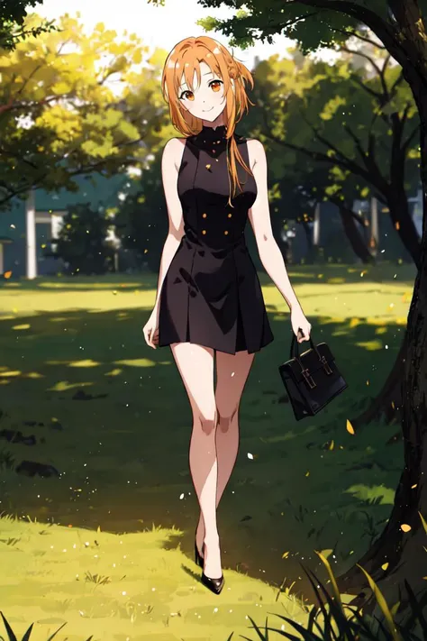 1girl, solo, full body,  <lora:asuna:0.8>, asuna, asuna (sao), orange eyes, black cocktail dress, black_heels,
looking_at_viewer, head tilt, smile, 
park, tree, grass, 
gradient background,  depth_of_field, blurry, blurry_background, blurry_foreground, mot...