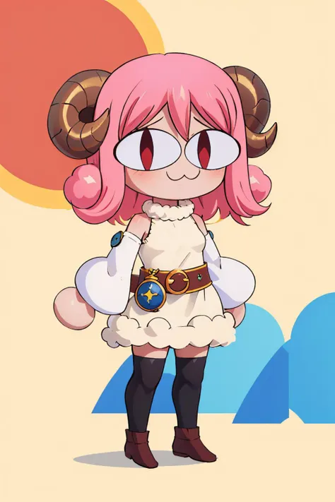 a cartoon girl with pink hair and big horns in a white dress