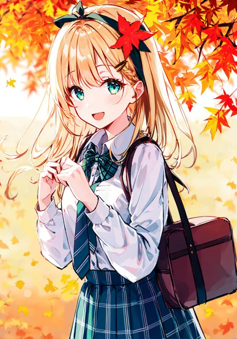 1girl, blonde hair,  :d, acorn, aki_shizuha, aqua_eyes, autumn, autumn_leaves, bag, bangs, blurry, blurry_background, blurry_foreground, blush, bow, braid, checkered_skirt, collared_shirt, depth_of_field, eyebrows_visible_through_hair, falling_leaves, fire...