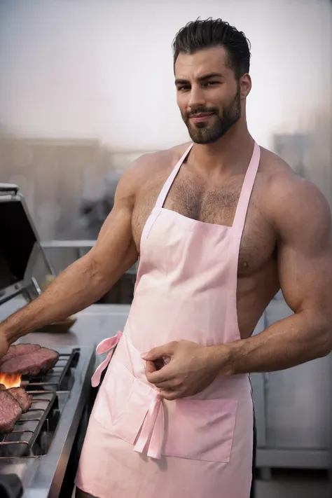 background,  portrait, raw photo, (smirk)
gigachad, (wearing a pink apron), <lora:Gigachadv1:0.6> , shirtless, bright, grilling food, meat, vegetables,  kitchen <lora:bokeh:0.8> bokeh