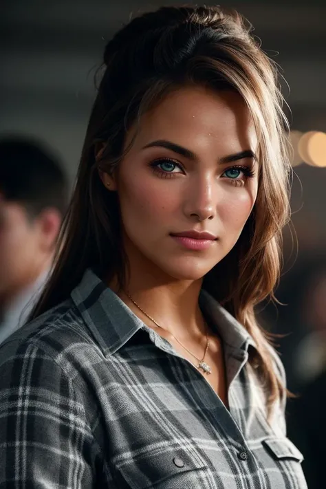 beautiful woman (Koh_NochtliPeralta:.99): a woman at a (party:1.1), perfect topbun, wearing sexy gray (Flannel Shirt), (crowd of people in background:1.1), (at a villa), (face focus), modelshoot style, (extremely detailed CG unity 8k wallpaper), profession...