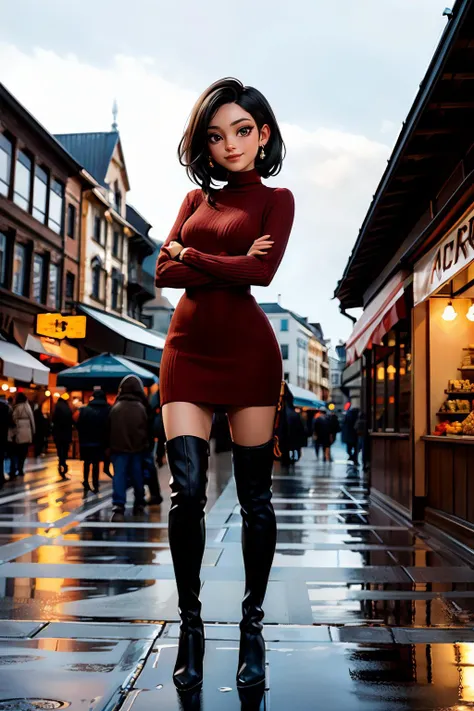 ada, short black hair, red turtleneck dress, thigh boots, looking at viewer, smiling, standing, full body shot, arms crossed, outside, plaza, market, overcast, high quality, masterpiece, <lora:RE4Ada:.7>