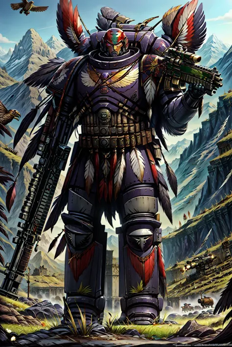 primaris, full body shot, battlefield background, standing, holding sniper_rifle, nativeamericanworld, ravens, raven, spirit world, grass_plains, distant_mountains,