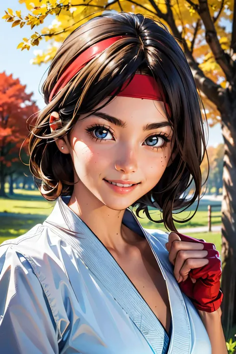 YuriSaka, red headband, white dougi, white gi, golden belt, fingerless gloves,looking at viewer, smiling, happy, portrait,
outside, park, trees, autumn, blue sky, extreme detail, masterpiece, beautiful quality, <lora:YuriSakazaki-DocStasis:.8>