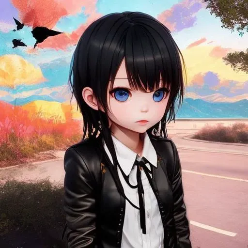 anime girl with black hair and blue eyes standing in front of a colorful sky