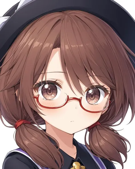 usami sumireko,glasses, red-framed_eyewear, 1girl, under-rim_eyewear, looking_at_viewer, low_twintails, white_background, simple_background, solo, hat_ribbon, portrait, mob_cap, blush, closed_mouth, black_headwear
<lora:usami_sumireko_image1686_2023-12-20-...