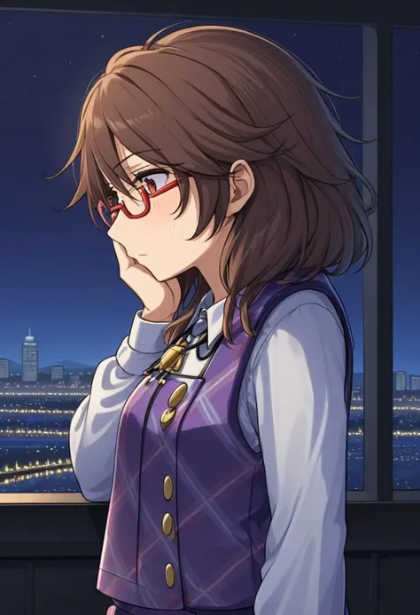 solo, side view, glasses, plaid skirt, white shirt, collar blouse, plaid vest, purple vest, red-framed eyewear, v-shaped eyebrows, star-shaped pupils, upper body, standing, shadow, sad, upset, emotional, tears, crying, sad, tears on face, no light, windows...