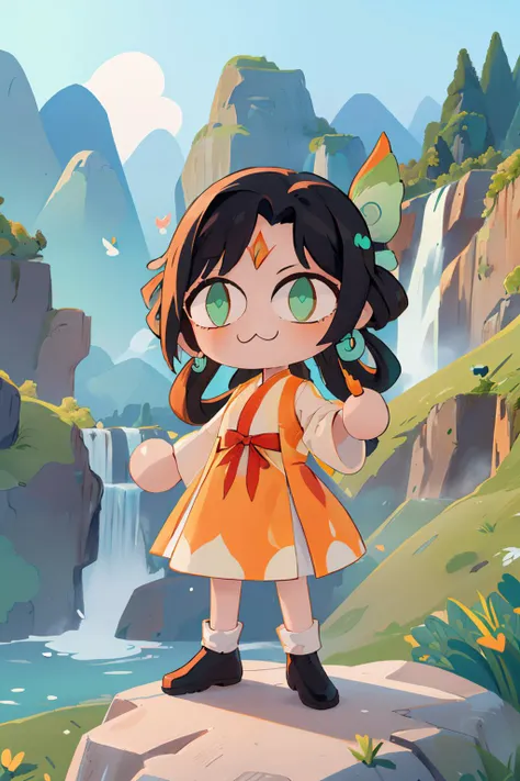 (masterpiece, best quality:1.2), chibi, solo, 1girl, fujin, :3, slit pupils, black hair, hair ornament, hair rings, forehead jewel, earrings, orange dress, outdoors, waterfall, mountain <lora:necoarc:1> <lora:genshinfujin-nvwls-v1:0.9>