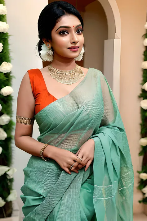 Nandita Mahmood, nanditamahmood, indian actress, singer, woman, 1girl, sari, saree, large breasts, cleavage, 
 <lora:Nandita Mahmood:0.6>