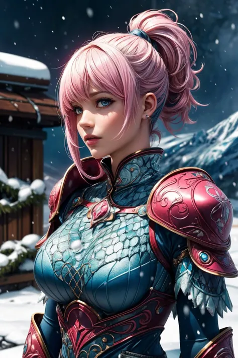 (ultra realistic,32k, masterpiece:1.2),(high detailed skin:1.1),( high quality:1.1),
1girl, pink hair, ponytail hair, bangs,(aqua eyes:0.5),[<lora:MetalArmor:0.7>MetAr,scale armor,dragon scales,:<lora:ral-colorswirl:0.5>ral-colorswirl, swirl clothing, swir...