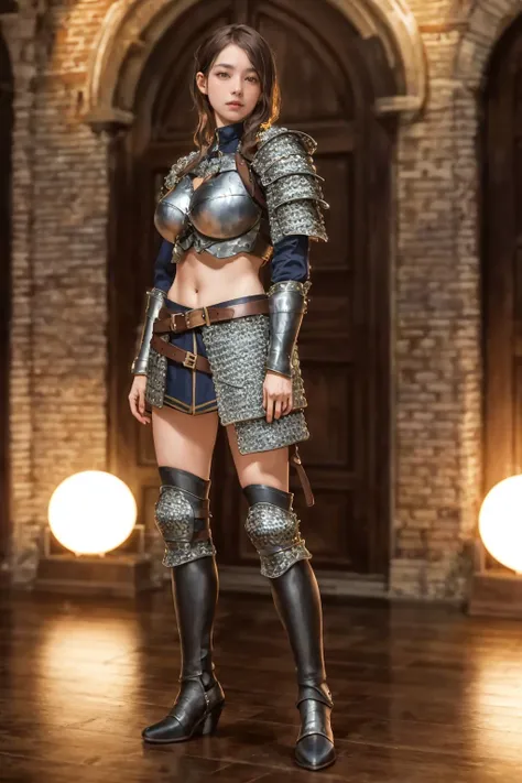 highres,absurdres,masterpiece,best quality,original,extremely detailed CG,extremely detailed wallpaper,perfect lighting,standing on the stage,looking at viewer,blurry background,bare hands,1girl,
<lora:MetalArmor:0.7>, MetAr,breastplate armor,chainmail arm...