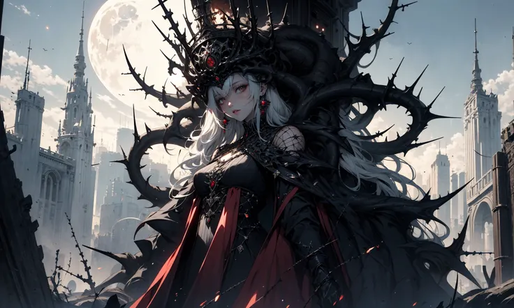 1girlsoloWhite hair, White hair, Gothic architecture, palaces, thrones, halls,
spiderqueen,spider monster,IM-Rysj,full body,conceptual design,queen like,crown of thorns,glowing red eyes,otherworldly beings,strong sense of light, intricate use of hatching...