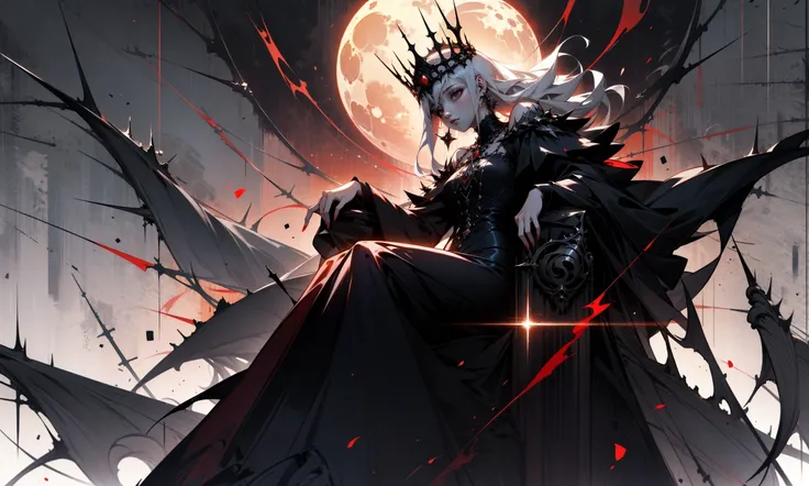 1girlsoloWhite hair, White hair, Gothic architecture, palaces, thrones, halls,
spiderqueen,spider monster,IM-Rysj,full body,conceptual design,queen like,crown of thorns,glowing red eyes,otherworldly beings,strong sense of light, intricate use of hatching...