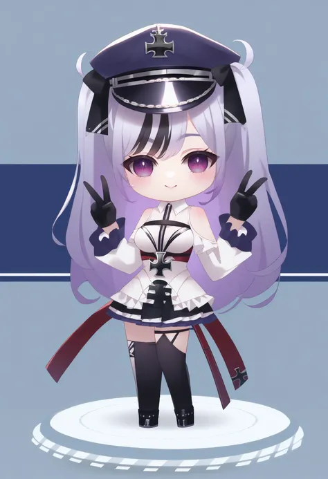 score_9, score_8_up, source_anime, <lora:ElbePDCAME AL:1>, ebsd, gradient purple eyes, multicolored hair, two side up, streaked hair, black hair ribbon, peaked cap, red armband, white leotard, chest harness, corset, shoulder cutout, puffy long sleeves, iro...