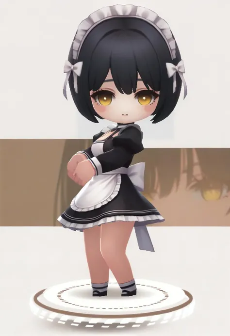 score_9, score_8_up, score_7_up, source_anime BREAK 1girl, solo, chibi, full body, standing <lora:chibi-nikke-richy-v1_pdxl:1> black hair, bob cut, yellow eyes, maid headdress, maid